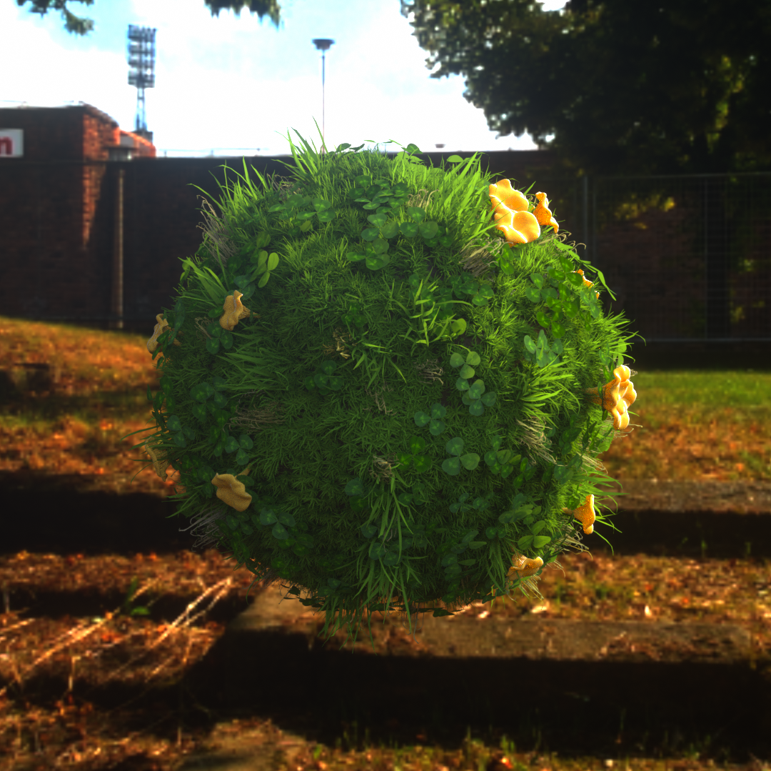 a 3d render of a ball of grass, cloves and mushrooms