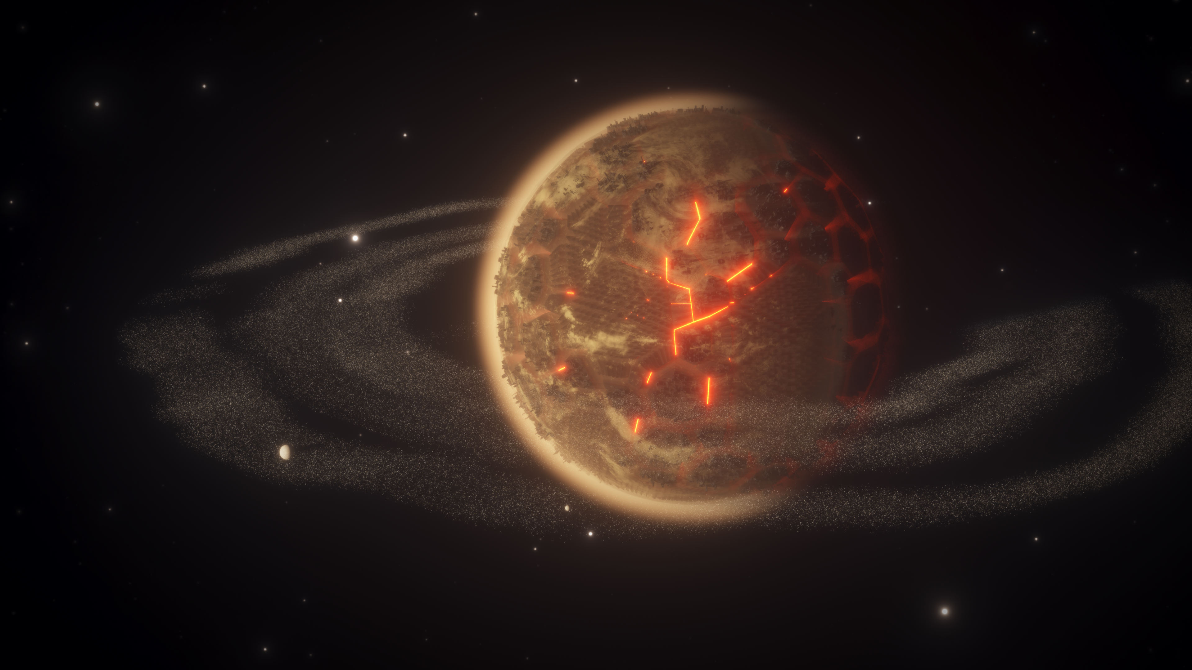 A 3D render of a futuristic industrial manufacturing planet, it's surface is carved down to the magma in hexagonal shapes, smoggy and a huge ring of space debris in a disc around the planet.