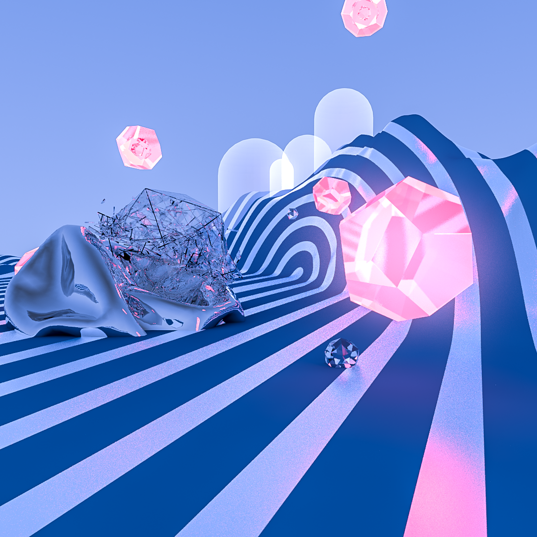 Abstract 3D render with floating pink crystals and one crystal shattering over a metal shape.