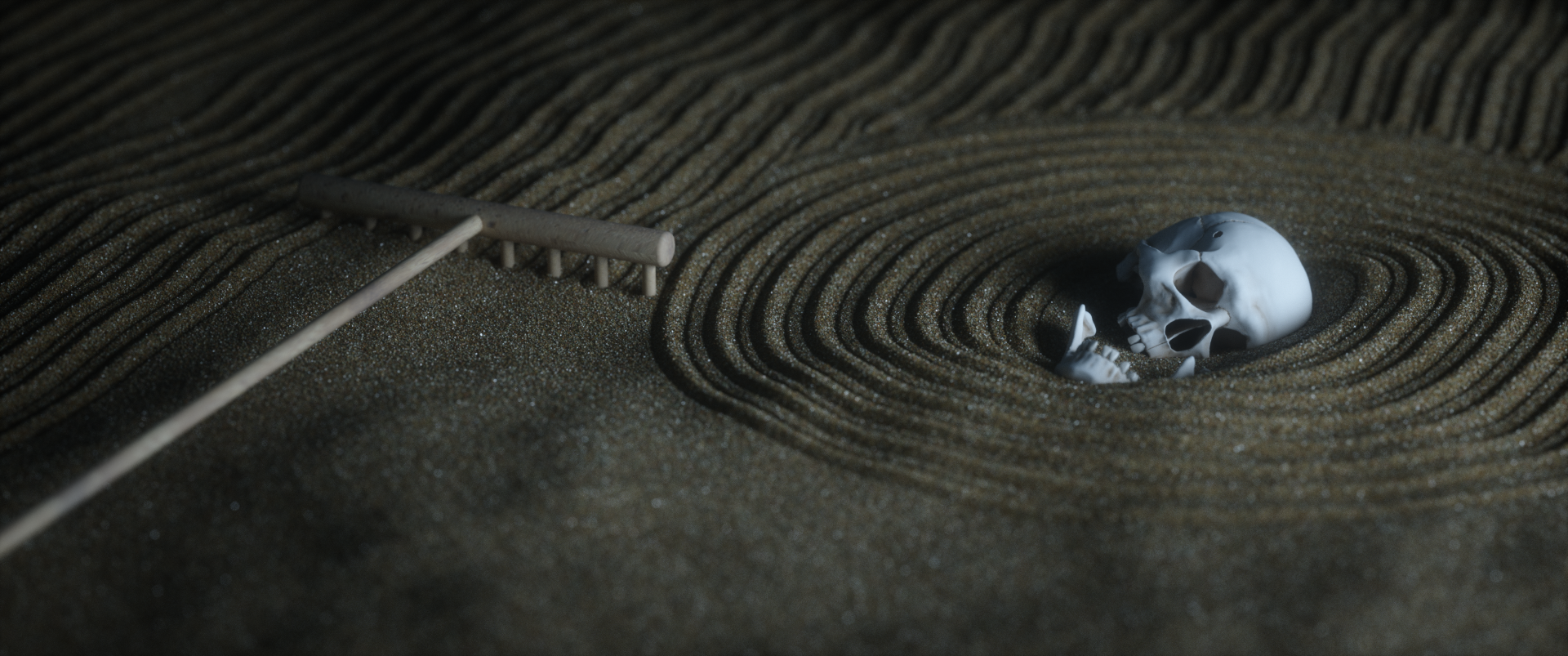a 3D render of a Zen sand garden, a rake rakes around a skull lying in the middle. the skull has a bullethole in its temple.