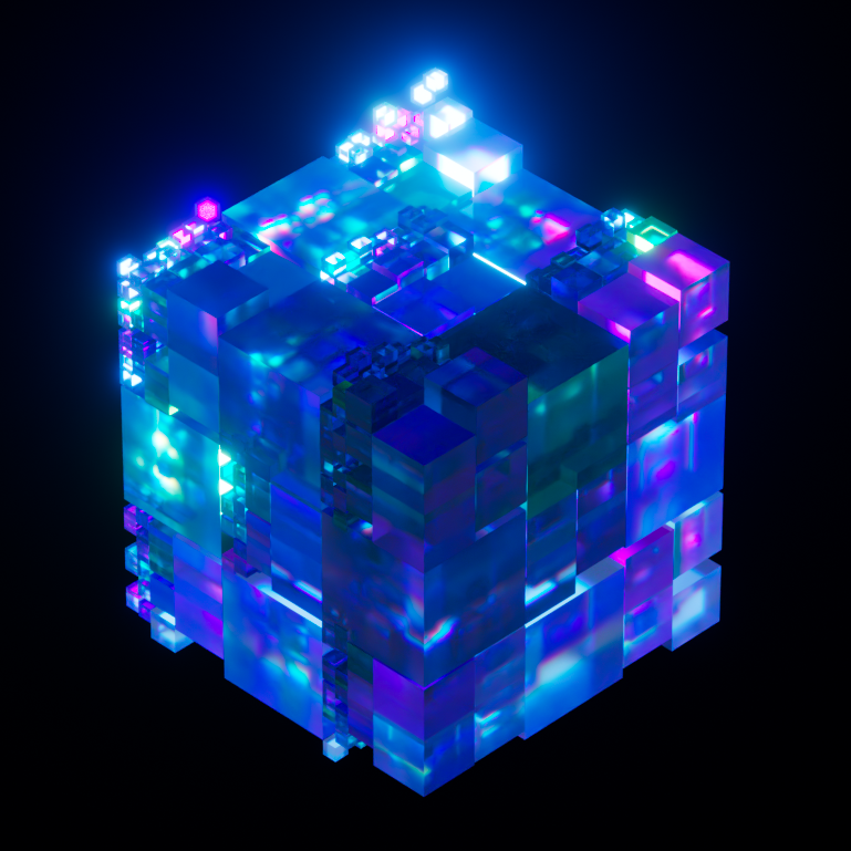 A 3D render of a fractally divided glass-like cube, in a cyber-futuristic style